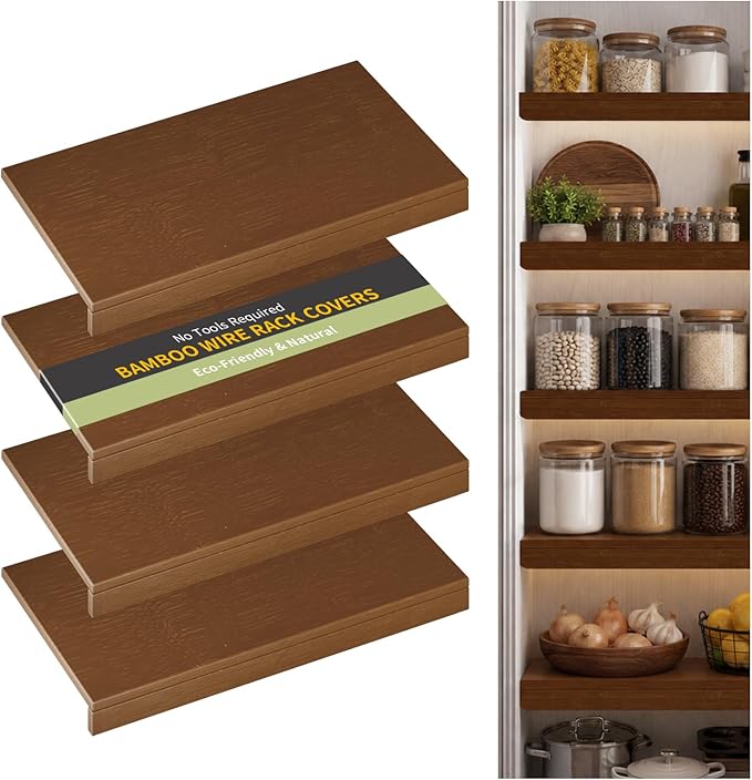 Wire Shelf Covers, Bamboo Wire Rack Covers for Pantry, Closet，Kitchen (4pcs, 30" W x 16" D, Walnut) by ClimbHope