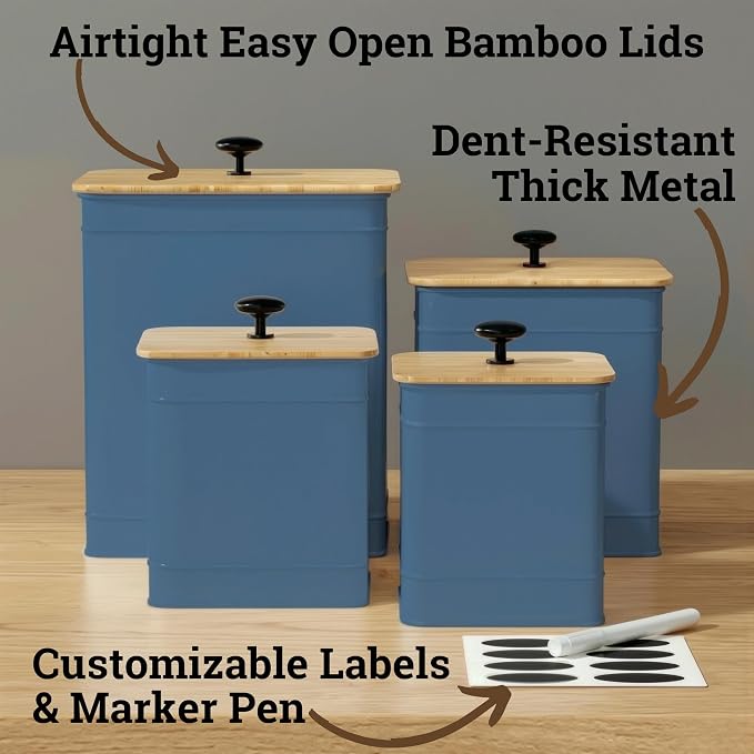Kitchen Canisters for Countertop Set of 4 w/ Chalkboard Labels & Marker Pen | Airtight Easy Open Bamboo Lids, Dent-Resistant Thick Metal, Customizable Chalkboard Labels, Marker Pen Included, Set of 4 - Image 2