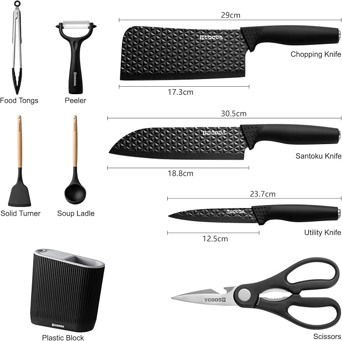Knife Set with Block,9 Pieces Kitchen Knives and Heat Resistant Silicone Kitchen Utensils Set with Wooden Handle,Ideal Cooking Tools for Kitchen - Image 2