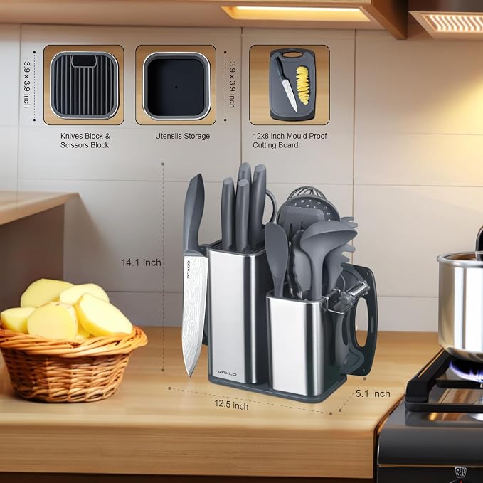 RAXCO Kitchen Set,18-Piece Cooking Utensils and Kitchen Knife Set,Gray | 7-Piece Kitchen Utensils Heat-resistant to 410°F,5-Piece Sharp Knife,5-Piece Cooking Tools and Cutting Board In One - Image 2