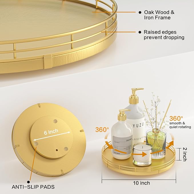 Oroyutor 10-Inch Oak Lazy Susan Vanity Tray with Gold Metal Rail | Rotating oak tray organizes spices, toiletries and decor on kitchen counters, bathroom vanities, dining and coffee tables. - Image 5