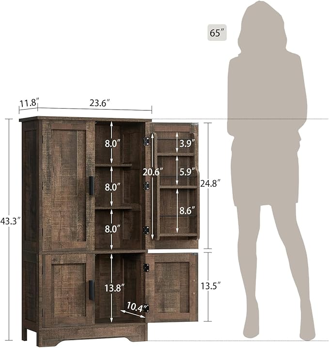 TEENFON Storage Cabinet with 4 Doors, 43.3" H Farmhouse Kitchen Cabinet with 6 Door Shelves, Kitchen Storage Cabinets with Adjustable Shelves, for Living Room, Antique Oak - Image 3