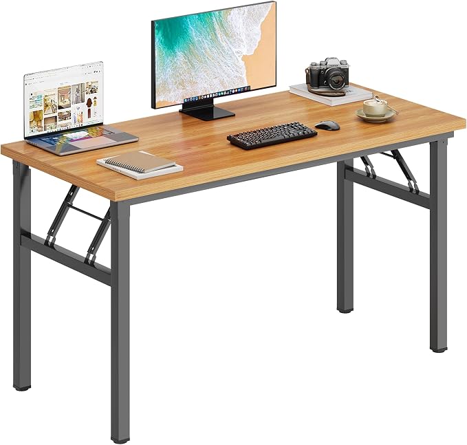 DlandHome 47 Inch Folding Computer Desk, Fully Assembled, Teak Black | Foldable Writing Table, Portable Activity Conference Table for Home Office, Wood Top Metal Frame, Collapsible Easy Storage by DlandHome