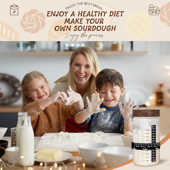 Sourdough Starter Kit,40oz Sourdough Starter Jar with Wooden Lid,2 Banneton Bread Proofing Baskets (9”Round & 10”Oval),Bread Making Supplies Tools,Sourdough Bread Baking Supplies,for Baking Beginners