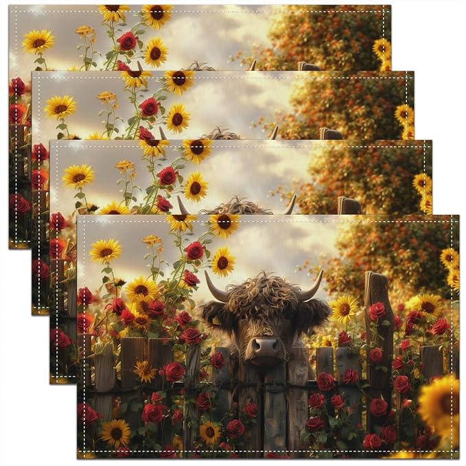 Feelyou Highland Cow Table Mats Placemat 12"x18" Highland Cattle Placemats Set of 4 Decor Animal Placemats for Dining Table Indoor Outdoor Kitchen Western Decor Decor Table Place Mats Rose by Feelyou
