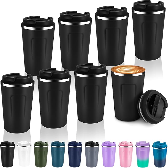 Volhoply 12 oz Double Wall Insulated Vacuum Travel Coffee Mug with Flip Lid Bulk 8 Pack,Reusable Stainless Steel Leak Proof Coffee Cup,Portable Cafe Thermal Tumblers for Hot & Cold Drinks(Black,8 Set) by LiveFully%EF%BC%8CDrinkFreely%E2%80%94KeepGoingwithVolhoply%EF%BC%81