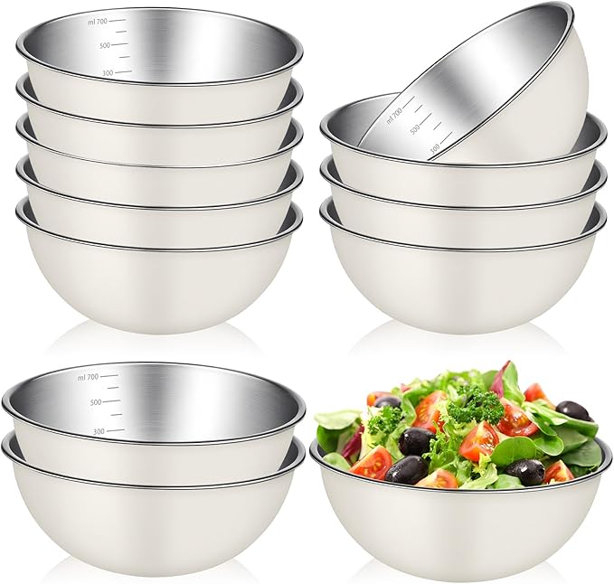 12 Pcs Stainless Steel Mixing Bowls Nesting Metal Prep Salad Bowls with Scale Reusable Baking Cooking Food Soup Storage Organizers for Kitchen Refrigerator (0.74qt)