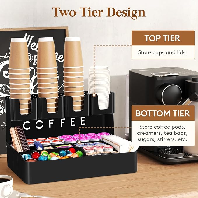 Lifewit 2-tier Coffee Station Organizer Caddy for Countertop, 11 Compartments Coffee Bar Organizers for Cups, Pods, Sugar, Compact Condiment Holders Storage for Office Breakroom Kitchen Home Black - Image 4