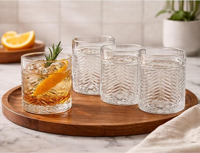 Set of 4 Double Old Fashioned Whiskey Glasses 13.86 oz, Heavy Base Rocks Glasses, Textured Herringbone Drinking Glasses, Bourbon Scotch Cocktail Tumblers - Image 7