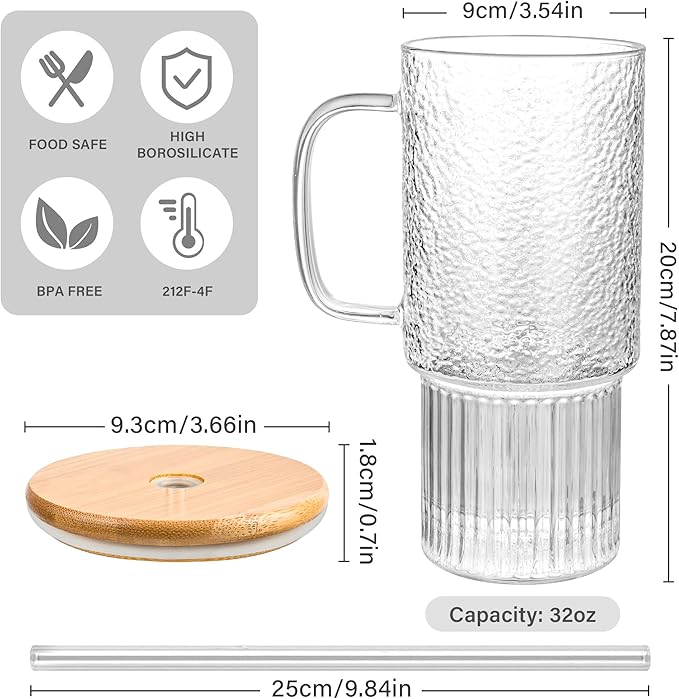 32oz Glass Cups with Handle & Bamboo Lids and Straws, Borosilicate Glass Tumblers for Iced Coffee, Smoothies, Fruit Drinks. Reuseable Glasses Cups for Cold/Hot Water (Bamboo Lid 1 pack)