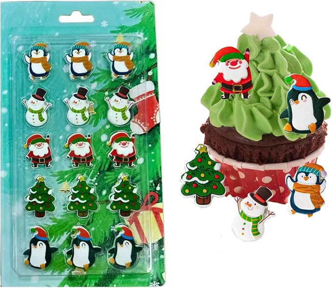 15PCS Christmas Edible Cake Topper Decorations Santa Claus Snowflakes Cupcake Toppers Decorations - Image 2