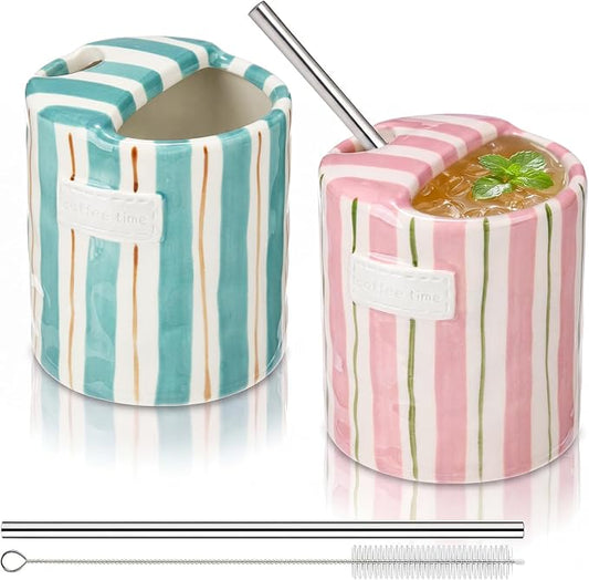 2 Pack Ceramic Coffee Mug with Sip Hole Espresso Cup 10oz with Straws Retro Hand Painted Striped Ceramic Iced Coffee Tea Travel Mug Latte Cup for Kitchen Dining (Simple,Pink,Blue) by Ferrochef