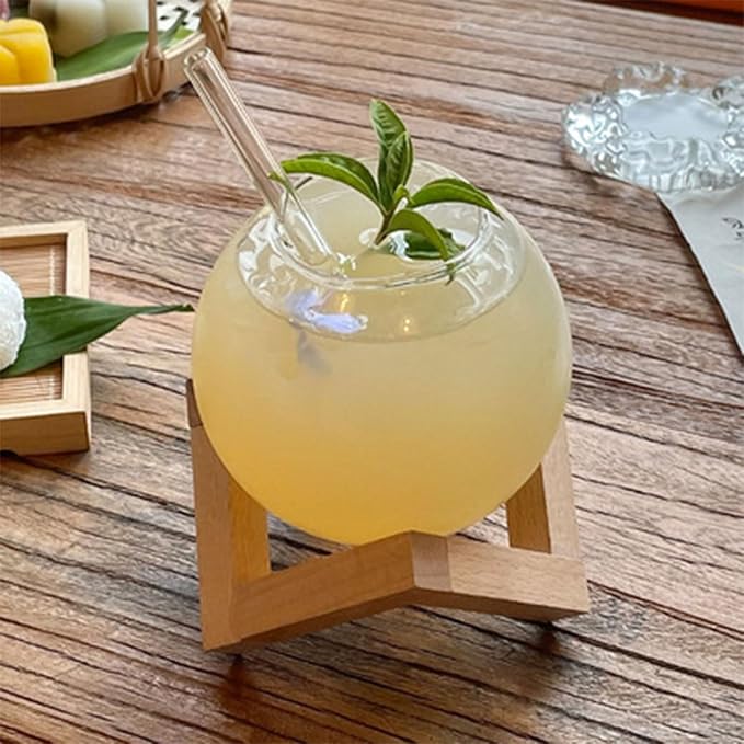 Drink Cup Cocktails Mug Glassware Juices Tumblers Creative Ronud Ball Glass Cup with Wood Stand Drinking Glassware Restaurant Cold Drinking Juices Cups - Image 7