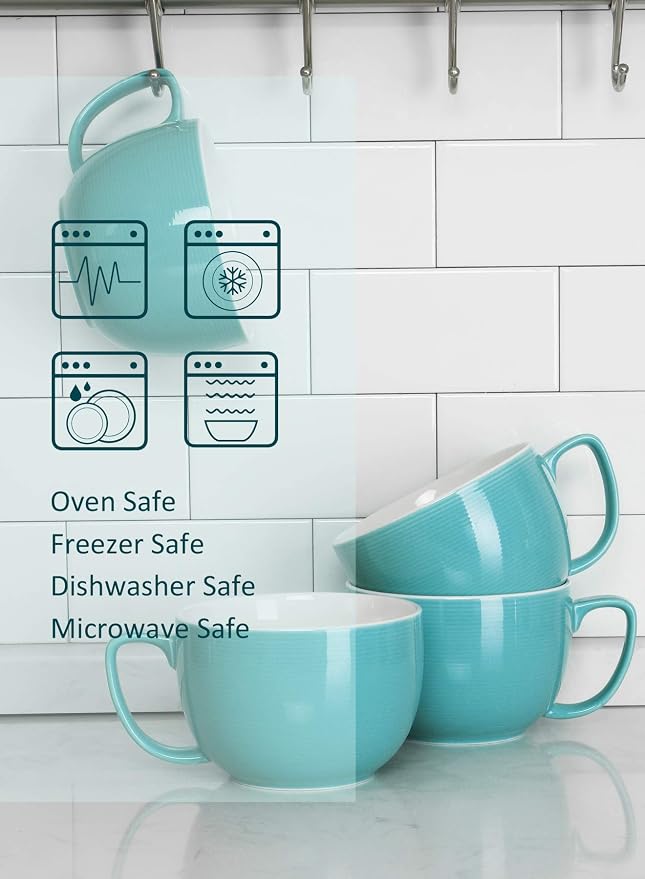 Teocera 24 oz Soup Bowls with Handles, Porcelain Large Coffee Mug Set, Jumbo Mugs, Soup Bowls Mugs set of 4 for Coffee, Oatmeal, Stew - Striped Design, Turquoise - Image 8