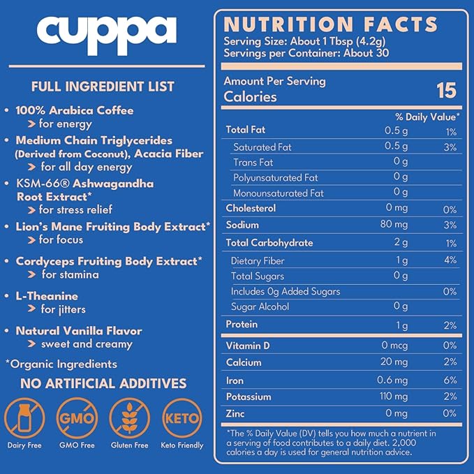 Cuppa French VanillaHealthy Mushroom Instant Coffee with Lion's Mane & Ashwagandha for All Day Energy & Focus - No Crash or Jitters - Nootropics for Brain Health, Gut Health, Immunity, Stress, Memory + Mood - 30 Servings