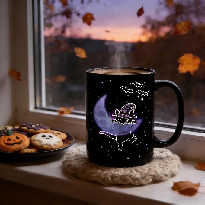 Halloween Witchy Cat Coffee Mug, 15oz Large Tea Cup, Black | Ceramic, With Handle, Celestial Moon Star Design, Gothic Home Decor, Novelty Spooky Gifts for Cat Lovers, Women, Men - Image 5