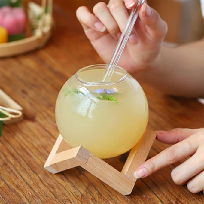 Drink Cup Cocktails Mug Glassware Juices Tumblers Creative Ronud Ball Glass Cup with Wood Stand Drinking Glassware Restaurant Cold Drinking Juices Cups - Image 2