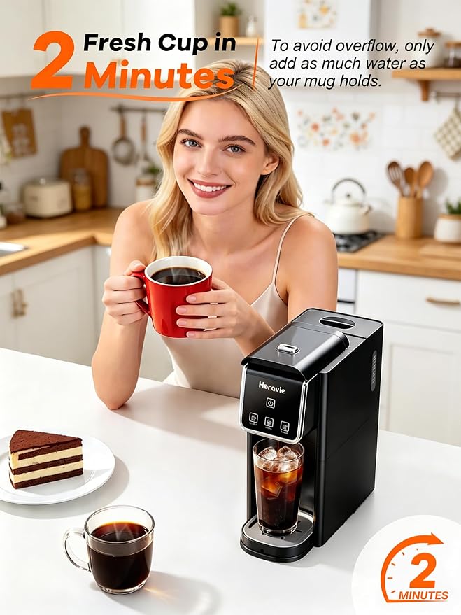 Horavie Hot and Iced Single Serve Coffee Maker, for K-Pod and Grounds, Strong Brew Setting, 6-12 Oz Brew Sizes One Cup Coffee Maker for Home, Travel, RV, Office and Dorm, Black - Image 4