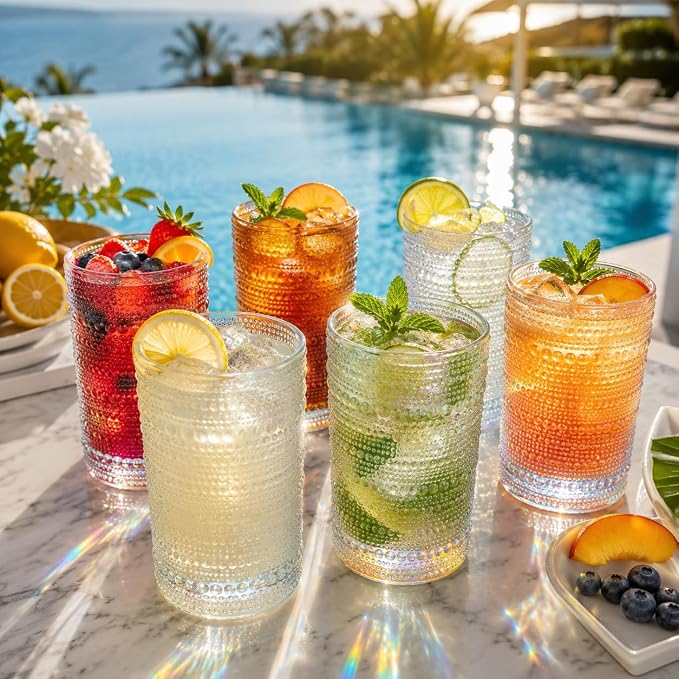 Hobnail Beaded Highball Drinking Tumbler Glasses | Set of 6 | Iridescent Pearl Vintage Bubble Design Glassware, Old-Fashioned, Embossed Design, Water, Wine, Cocktail Embossed Heavy Glass, Rocks Glass - Image 8