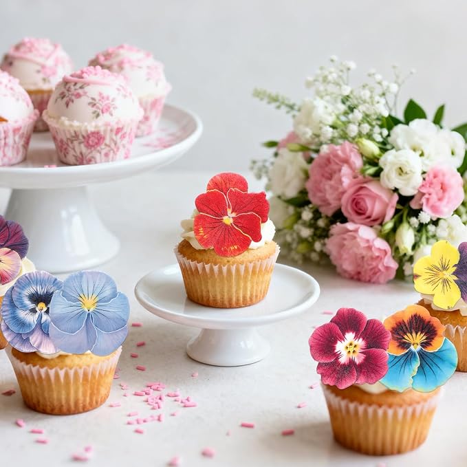 60pcs Edible Flower Cake Decoration, Wafers Paper Pansy Cake Topper Colorful Spring Birthday Party Decorations for Wedding Theme DIY Crafts Baby Shower Supplies - Image 5