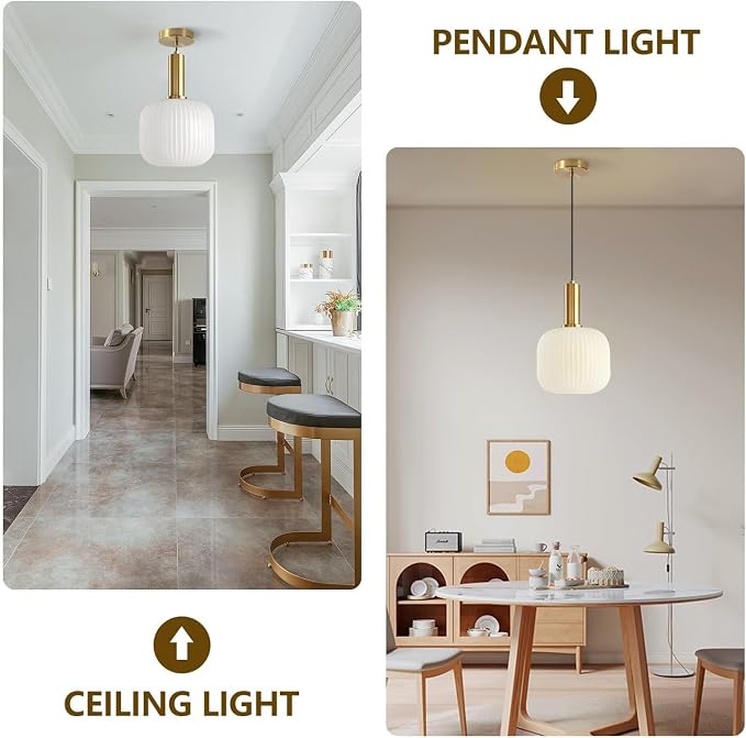 KCO Lighting Vintage Brass Gold 7.9” White Milk Ribbed Glass Pendant Light | E26 Base, Adjustable Cord for Sloped Ceilings, Mid Century Modern Hanging Light Fixture for Kitchen Island Dining Living Room - Image 4