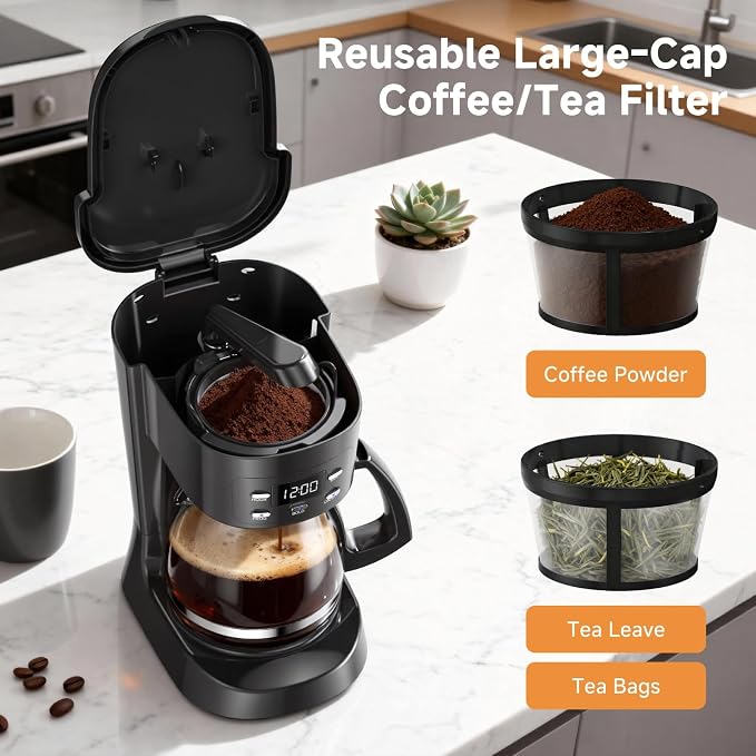 Coffee Maker, 5 Cup Programmable Drip Coffee Machine-Black | 20 Hours Timer, 2 Hours Keep Warm, Compatible with Ground&Tea Leaves,Portable Small Cafetera for Home Office Travel Camping - Image 5