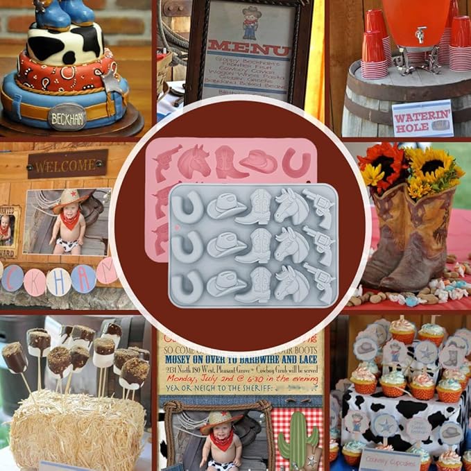 2 Pack Cowboy Chocolate Silicone Molds 3D Western Themed Baking Mould Tray DIY Baking Tool with Cowboy Hat, Boot & Horse for Chocolate Cake Dessert Candy Mousse Pastry Handmade Soap Cupcake Topper