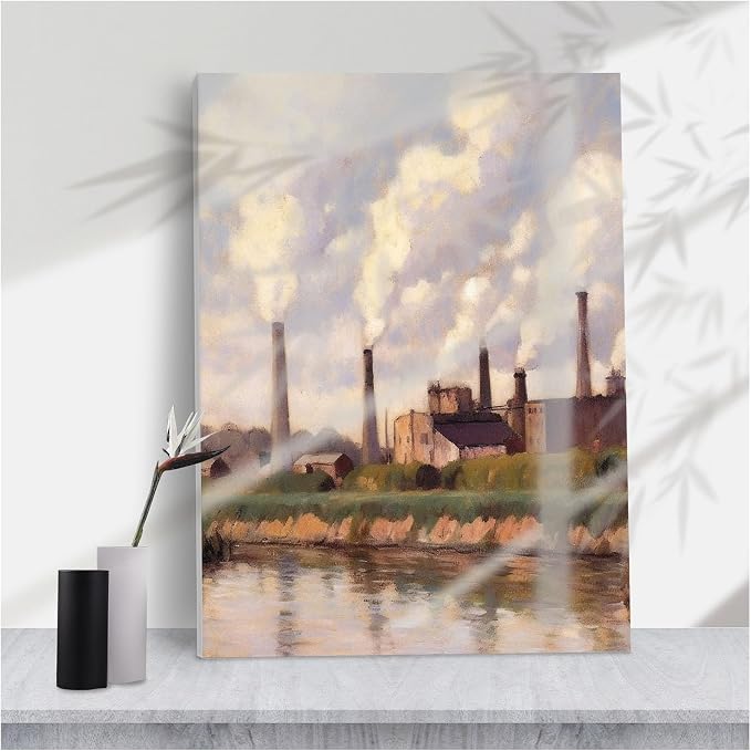 Vintage Industrial Riverside Factory Scene Wall Decor,Soft Impressionist Factory Smoke for Modern Loft or Industrial Home Decor,8''x12'' Framed Modern Canvas Wall Art by Unknown