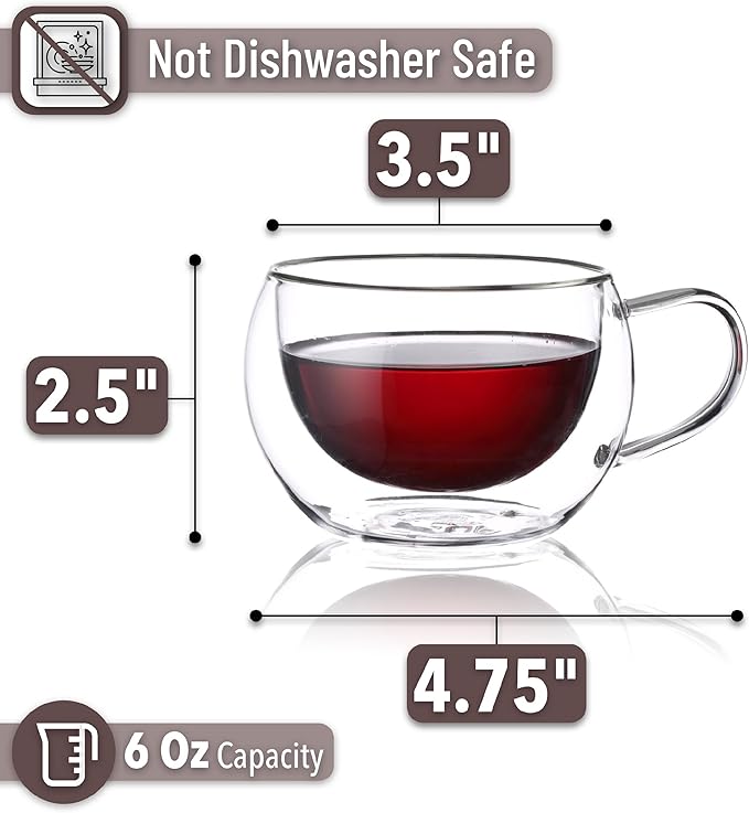 BTaT Insulated Espresso Cups, Glass Tea & Coffee Mugs, Set of 4 (6 oz, 180 ml), Double Wall, Latte & Espresso Glasses