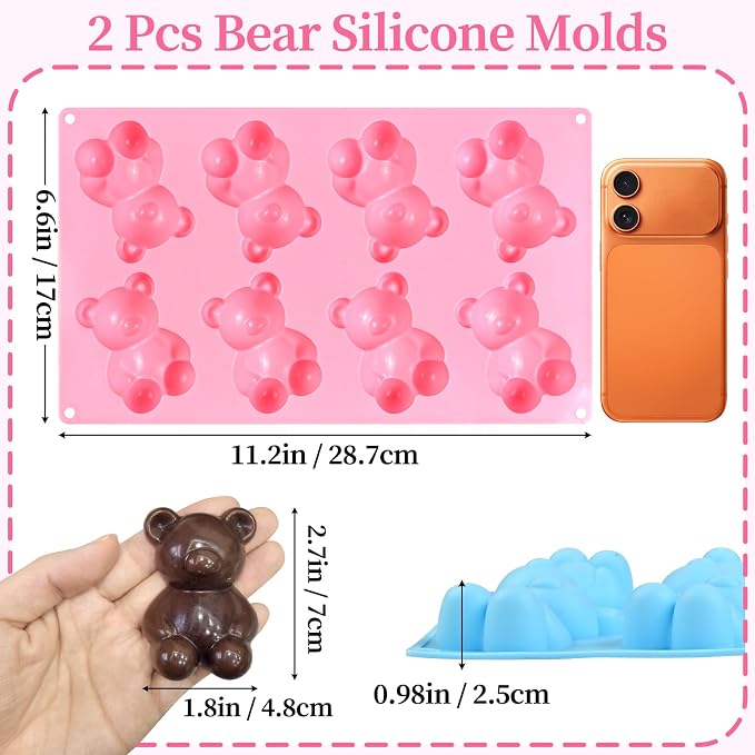 Bear Silicone Mold, 2 Pack Large Bear Chocolate Molds 16 Cavity | Non-stick, 3D Bear Ice Cube Molds for Candy Soap Candle Cake Decora Jello DIY Art Crafts Home Baking Activities Summer Party - Image 3