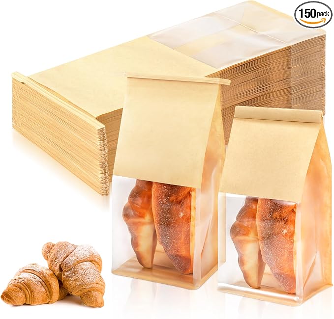 150 Pack Kraft Paper Bakery Bags with Window, 3.9x5.1x11 Inches Tin Tie Tab Lock Resealable Bread Bags for Homemade Cookies, Pastry, Loaf, and Food Packaging Storage by VZZNN