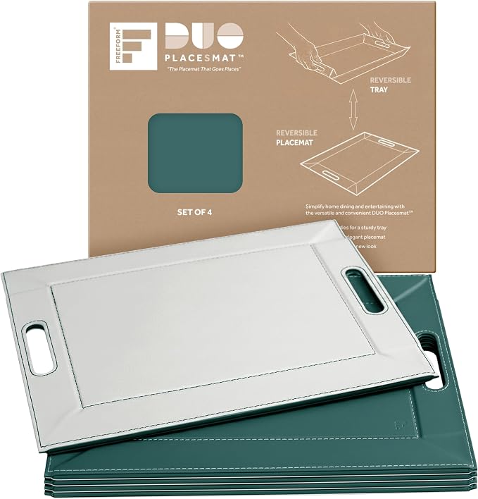 FREEFORM PLACEsMAT 2-in-1 Faux Leather Placemat & Serving Tray | Reversible Design, Lays Flat & Easy to Clean | Ottoman Food Tray, Perfect Housewarming Gift, 18” x 14” (Soft Teal & White, Set of 4) by FREEFORM