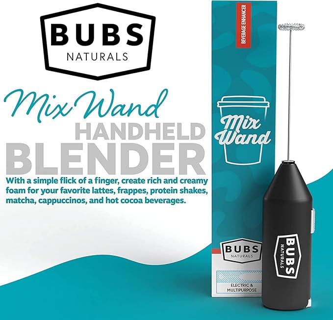 BUBS Naturals Mix Wand MCT Oil Powder, Handheld Milk Frother, For Lattes, Coffee, Cappuccino, Frappes, Hot Chocolate Blender, Portable
