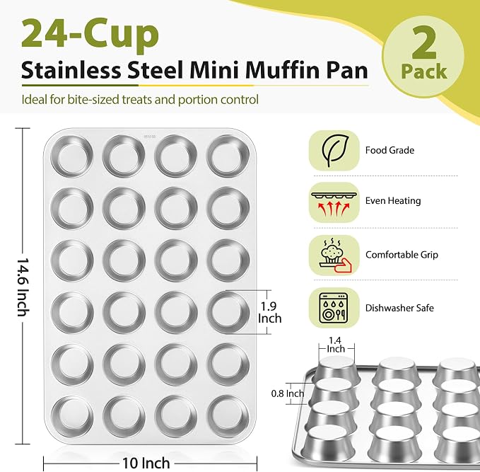 TeamFar Mini Muffin Pan, Stainless Steel 24-Cup Muffin Tin for Baking- 2PCS | Small Cupcake Pan Tray for Egg Bites Mini Cakes Quiches, Brunches Parties Birthday Treats, Healthy & Sturdy, Dishwasher Safe - Image 2