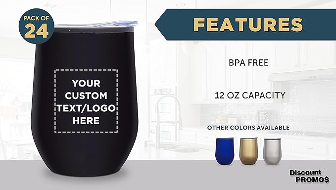 Custom Stemless Wine Tumblers 12 oz. Set of 24, Personalized Bulk Pack - Insulated, Perfect for Wine, Cocktails, Other Hot & Cold Beverages - Black