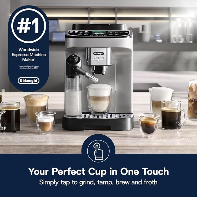 De'Longhi Magnifica Evo Next Automatic Espresso Machine, Frother, Silver | #1 Worldwide Espresso Machine Maker, 13 One-Touch Recipes, Frother, Built-In Grinder, 3 User Profiles - Image 4