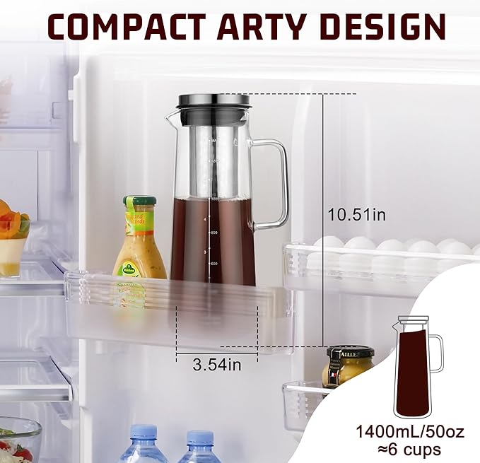 Cold Brew Coffee Maker & Ice Tea Maker, 1.4L/48oz Cold Brew Pither, Borosilicate Glass Carafe with Stainless Steel Filter, Airtight Lid, Dishwasher Safe, Easy to Use | Mannual & Brush Included