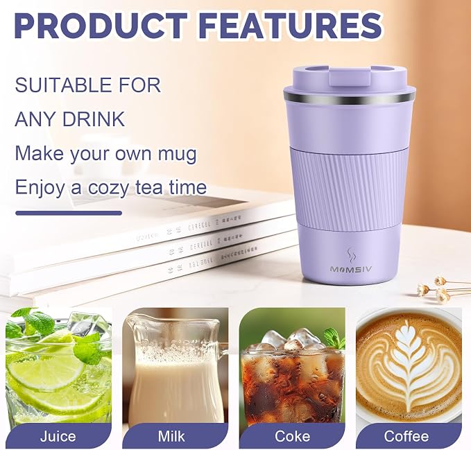 MOMSIV 12oz Travel Coffee Mug, Insulated Coffee Cup with Leakproof Lid | 6-Hour Heat Retention, 360°Leak proof, Vacuum Stainless Steel Double Walled, BPA-free, Reusable And To Go Coffee Mug - Image 4