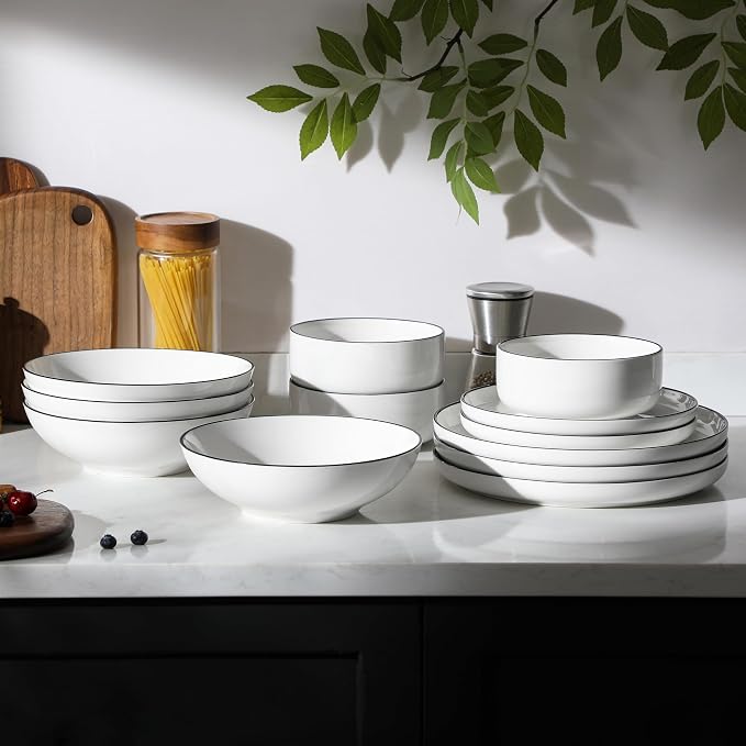 MALACASA 24 Pcs Porcelain Plates and Bowls Sets,Dinnerware Set for 6,White | Modern Ceramic Dishware Set,Kitchen Dining Ware,Microwave and Dishwasher Safe,Simple White with Black Trim Design,Series LUNA - Image 7