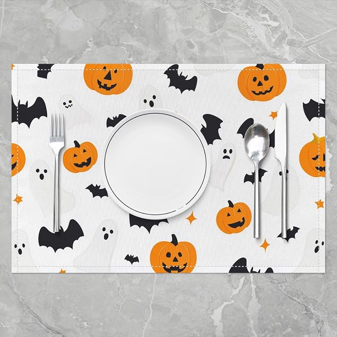 Feelyou Happy Halloween Placemats Set of 4 Pumpkin Lantern Table Mats White Orange Black Place Mat for Kitchen Dining Table Party Decor Indoor Outdoor 18"x12" Non-Slip Easy to Clean Bats Pattern - Image 2