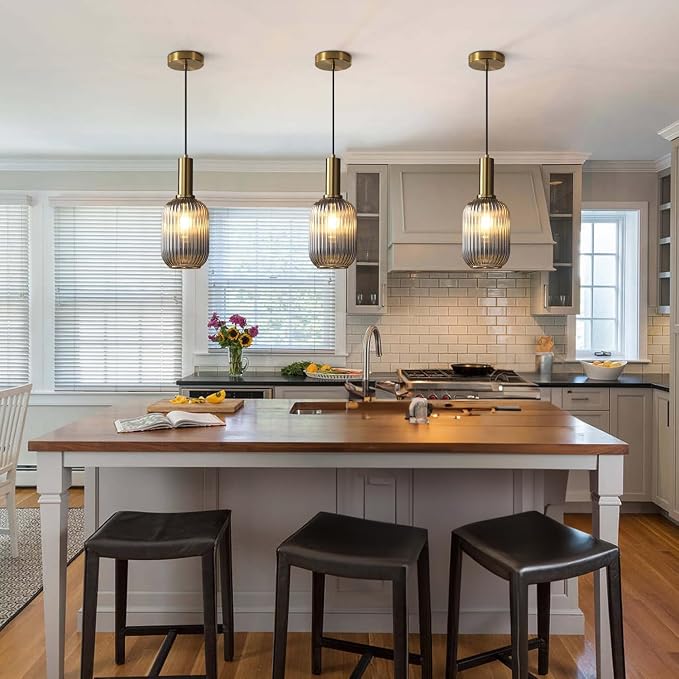 KCO Farmhouse Small 5.1” Smoke Gray Ribbed Cylinder Glass Pendant Light | E26 Bulb Hardwired, Adjustable Cord MCM Vintage Ceiling Hanging Lamp for Sloped Ceiling Kitchen Island Dining Room Bedroom - Image 5