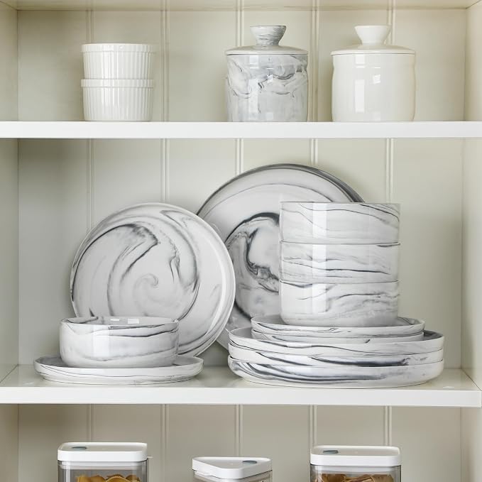 MALACASA 12 Pcs Porcelain Plates and Bowls Sets,Dinnerware Set for 4,Grey | Modern Ceramic Dishware Set,Kitchen Dining Ware,Microwave and Dishwasher Safe,Unique Marble Grey Design,Series LUNA - Image 6