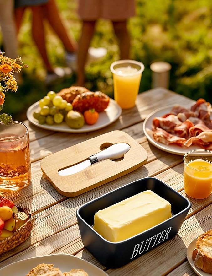 Ceramic Butter Dish with Lid and Knife & Silicone Seal for Countertop Black | Suitable Capacity, Great Sealing, Home Decor Kitchen Gift Housewarming Gift - Image 7