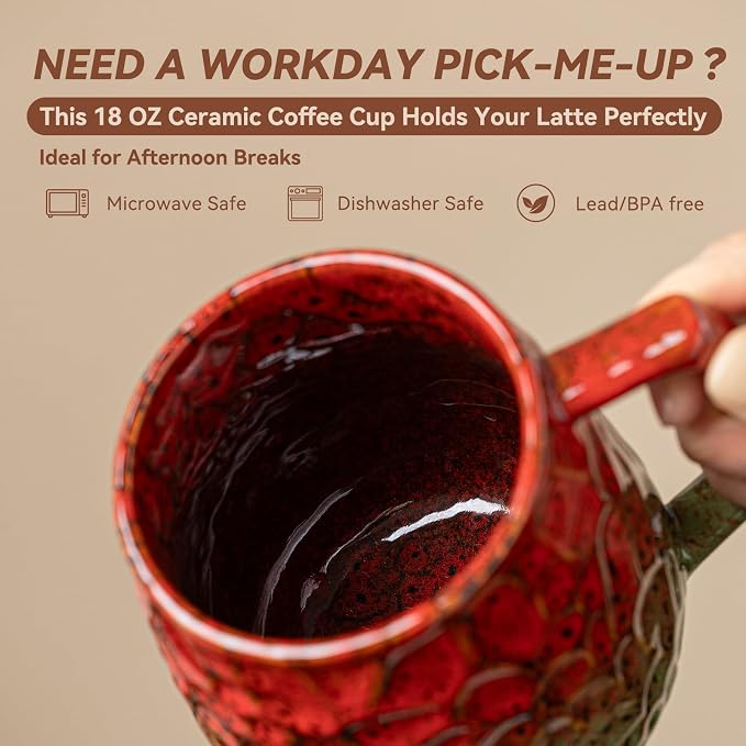 18oz Unique Red & Green Kiln-Change Ceramic Coffee Mug, Handcrafted Hammered Texture Ceramic Mug with Ergonomic Handle, Microwave & Dishwasher Safe, Gift for Coffee Lovers, Home Office Daily Use - Image 4