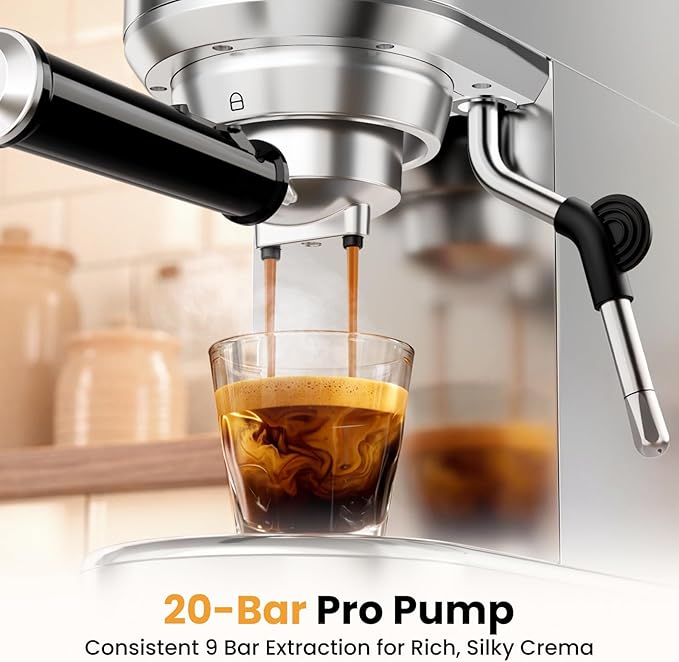 Espresso Machine 20 Bar, Compact Espresso Coffee Machine with Milk Frother, Stainless Steel Coffee Maker with 34oz Removable Water Tank, Cappuccino Machine for Home, Office, Latte (Silver) - Image 3