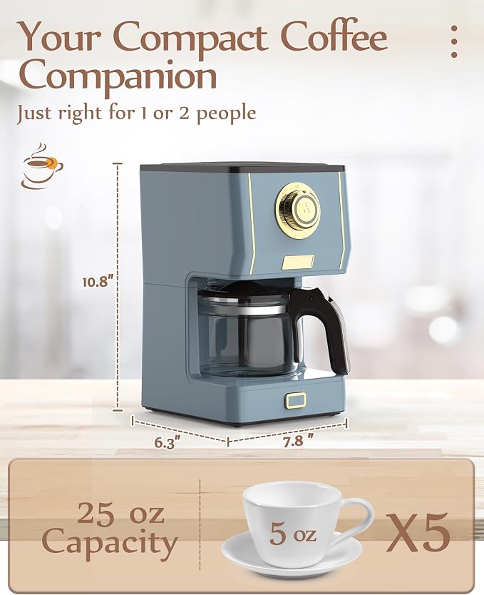 Amaste Coffee Maker, 5 Cup Coffee Pot with Three Brewing Modes, Retro Coffee Maker with Glass Carafe & Reusable Coffee Filter, Drip Coffee Maker Ideal for Home or Office, Warming Plate, Ash Blue - Image 4