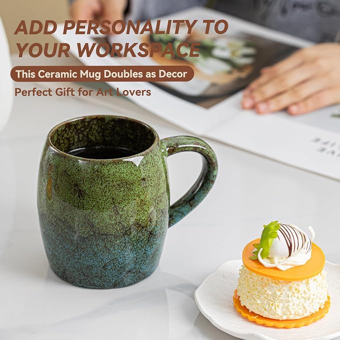 Handmade 22oz Ceramic Coffee Mug, Ergonomic Large Handle, Ideal Gift for Coffee Lovers, Microwave & Dishwasher Safe (Minute-Green&Blue) - Image 3