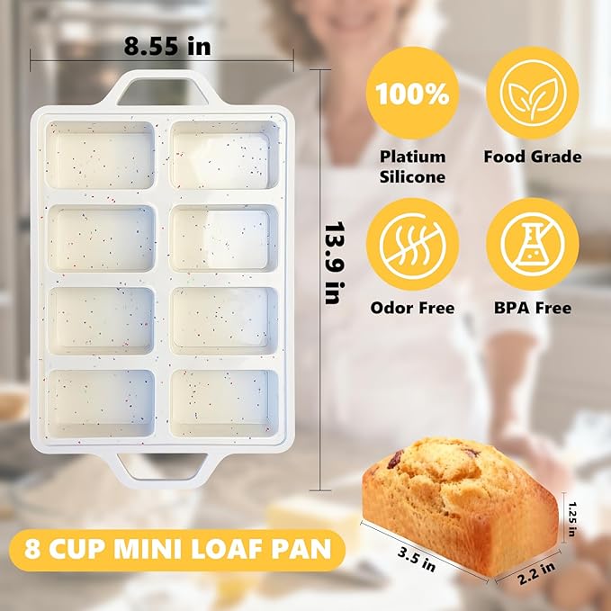 1PCS Silicone Mini Loaf Pans with Metal Frame, 8 Cavity Mini Bread Banna Loaf Pans, Nonstick Small Bread Pans for Baking, Tiny Meatloaf Pan with Metal Reinforced Frame for Brownie, Butter (1, Cream)