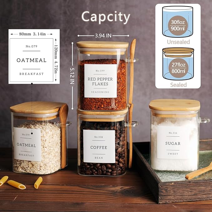 CZZGSM Set of 4 Square Glass Jar with Bamboo Lids and Spoons – Airtight 27 oz Borosilicate Glass Food Storage Contaienrs with 132 Kitchen Pantry Labels for Coffee, Tea, Sugar - Image 4