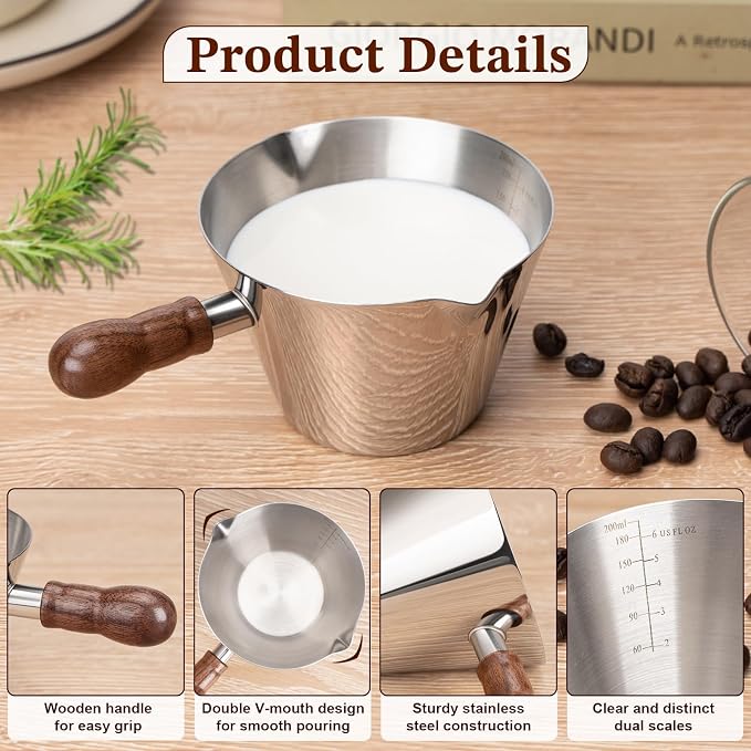 Amrules Espresso Cup, 6.8 oz/200 ml Stainless Steel Coffee Shot Measuring Cup with Wood Handle, Double V-Shaped Mouth and Clear Scale for Cappuccino Barista Coffee Bar Accessories, Silver - Image 3